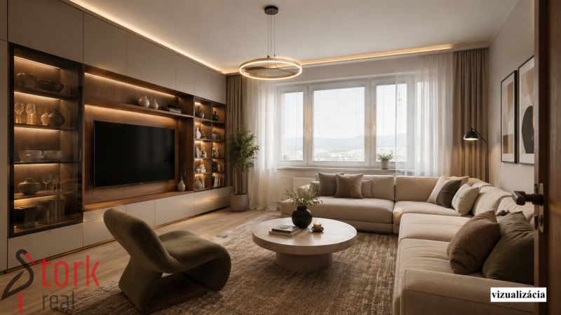 Wohnzimmer in einer 2-Zimmer-Wohnung mit Sofa, Tisch und Holzboden.