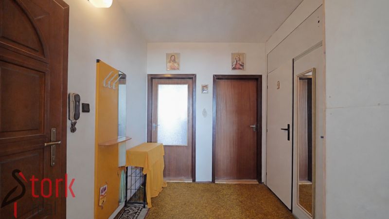 Eingangsbereich in einer 2-Zimmer-Wohnung mit Holztüren und einem Spiegel an der Wand.
