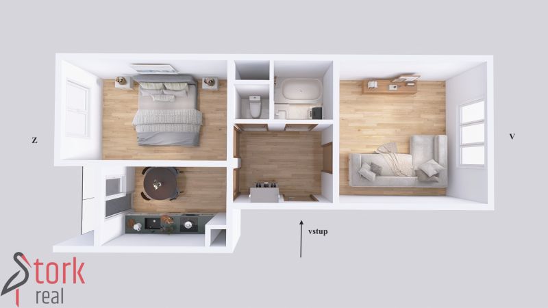 Grundriss einer 2-Zimmer-Wohnung mit Holzboden, geräumiger Küche und Wohnbereich.