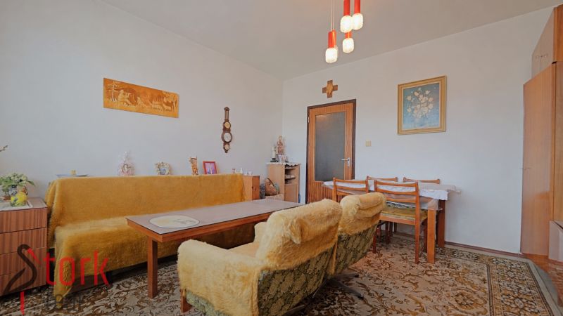 Retro-Wohnzimmer in einer 2-Zimmer-Wohnung mit Teppichboden und Holzdekor.