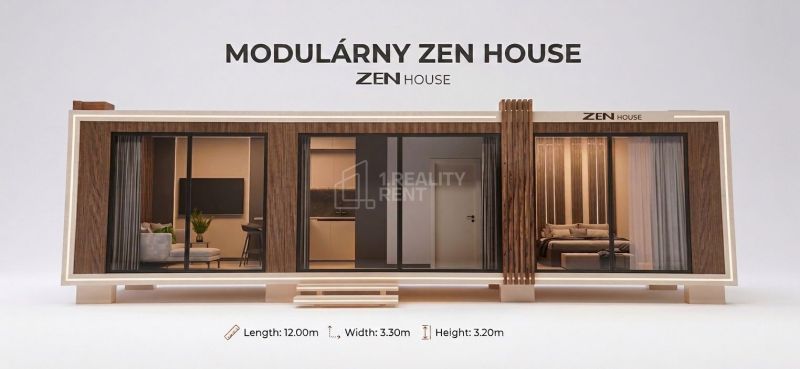 Modulares Zen-Haus mit Glastüren und Holzdekor für ein Einfamilienhaus in Kysucké Nové Mesto.