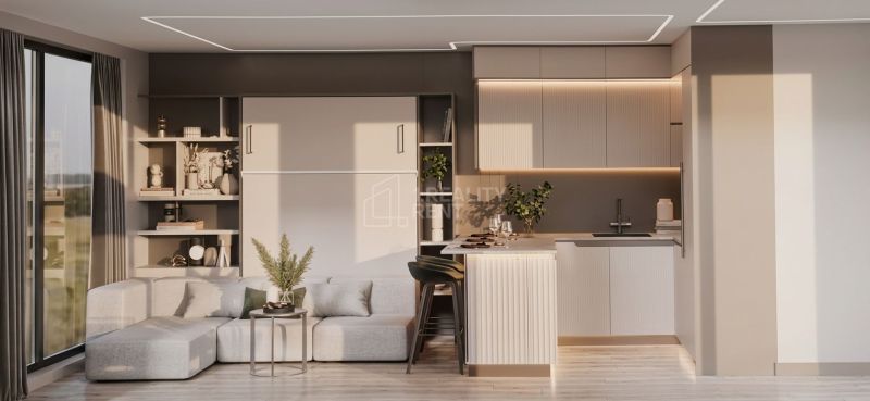 Innenraum eines Einfamilienhauses mit Küche, Wohnbereich und Boden mit Holzdekor.