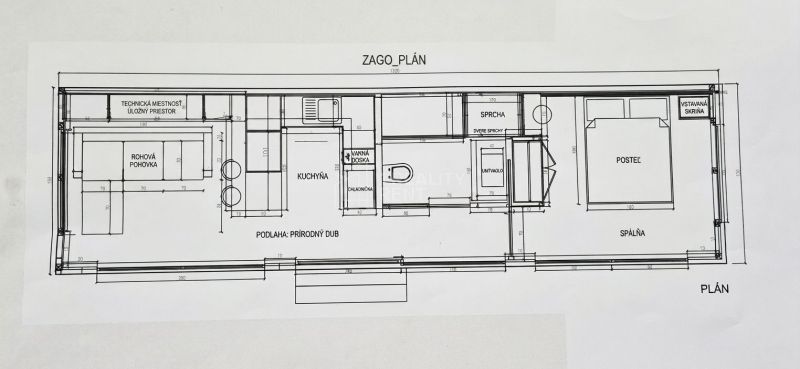 Grundriss eines Einfamilienhauses mit Küche, Hauswirtschaftsraum und Schlafzimmer.