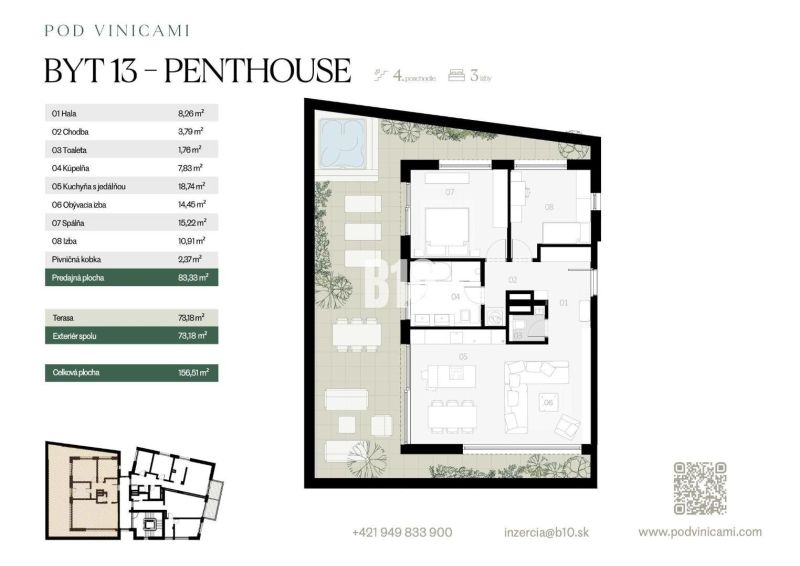 Grundriss einer 3-Zimmer-Wohnung mit Terrasse im Projekt Pod Vinicami.