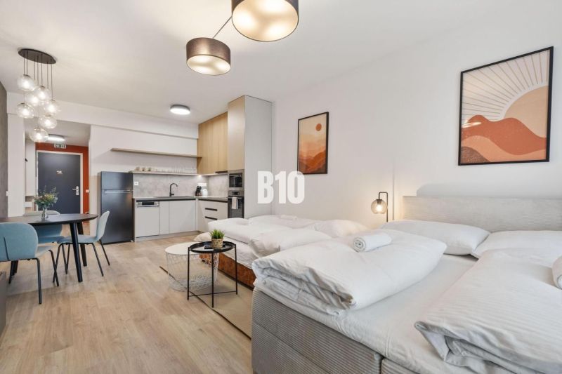 Stilvolles 1-Zimmer-Apartment mit Holzboden und gemütlichen Möbeln.