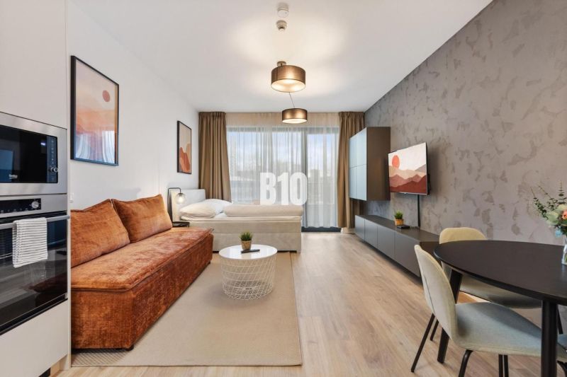 1-Zimmer-Wohnung mit Holzboden, Fernseher und bequemen Sitzgelegenheiten.
