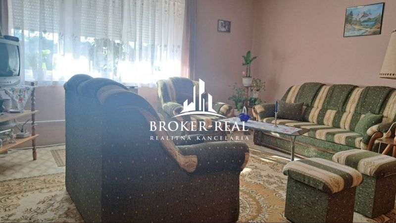 Wohnzimmer mit Teppichen, grünem Sofa und Fernseher in einem Einfamilienhaus.