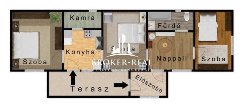 Grundriss eines Einfamilienhauses mit zwei Schlafzimmern, einer Küche und einer Terrasse.