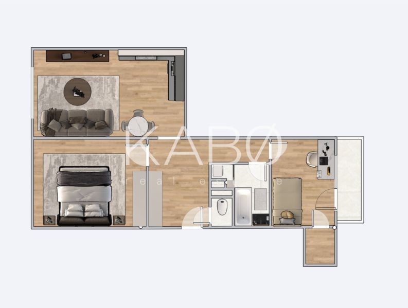 Grundriss einer 3-Zimmer-Wohnung mit Holzboden, enthält Küche und Badezimmer.