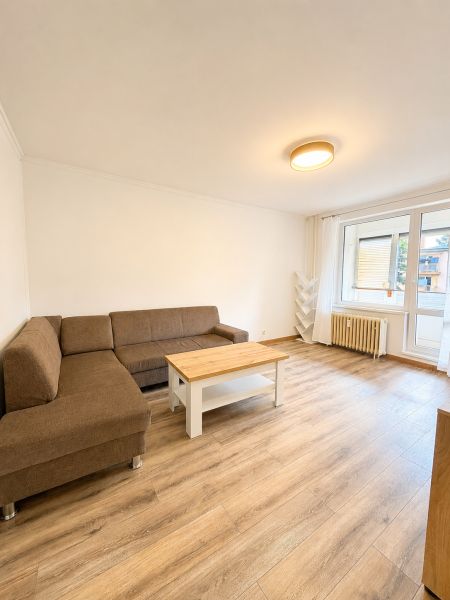 Wohnzimmer in einer 3-Zimmer-Wohnung mit Sofa, Couchtisch und Boden in Holzoptik.