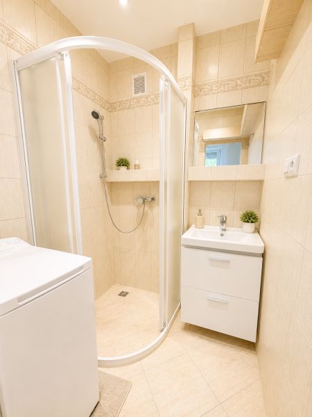 Badezimmer in einer 3-Zimmer-Wohnung mit Waschbecken, Duschkabine und Waschmaschine.