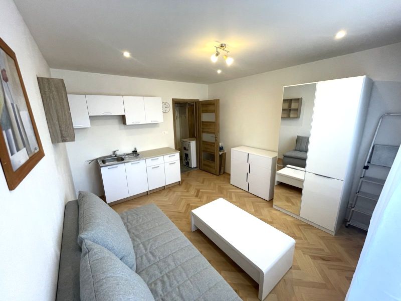 Einzimmerwohnung mit Holzboden, Küchenzeile und hellen Möbeln.