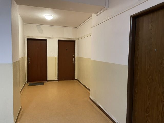 Der Flur eines Wohnhauses mit drei Türen und einer hellen Wand.