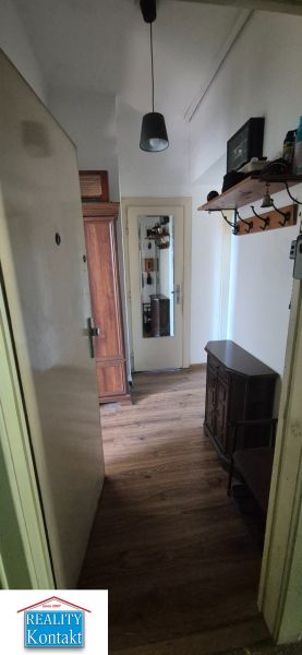 Der Flur in einer 2-Zimmer-Wohnung mit einem Boden in Holzoptik und einem Spiegel an der Tür.