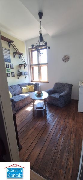Wohnzimmer in einer 2-Zimmer-Wohnung mit Holzboden und bequemer Couch.