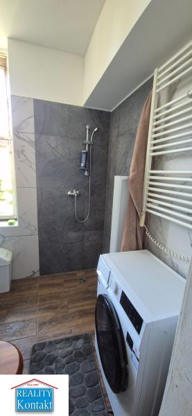 Badezimmer in einer 2-Zimmer-Wohnung mit Waschmaschine, Dusche und Boden mit Holzdekor.