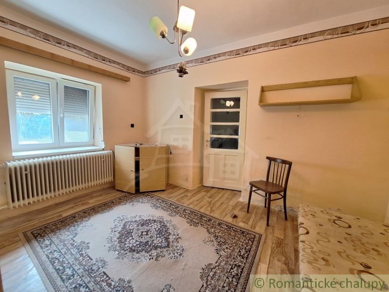 Ein Zimmer in einem Einfamilienhaus mit einem Boden in Holzoptik, hellen Wänden und einem Teppich.