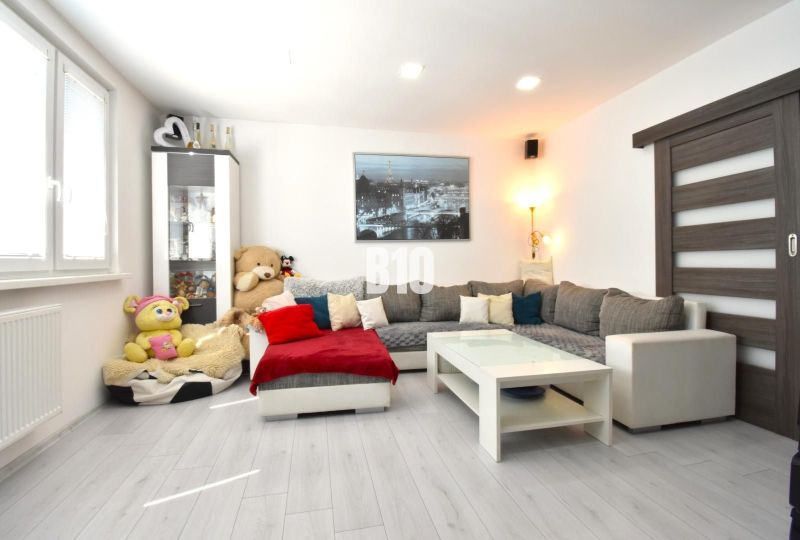Wohnzimmer in einer 3-Zimmer-Wohnung mit Sofa, dekorativen Kissen und Boden in Holzoptik.