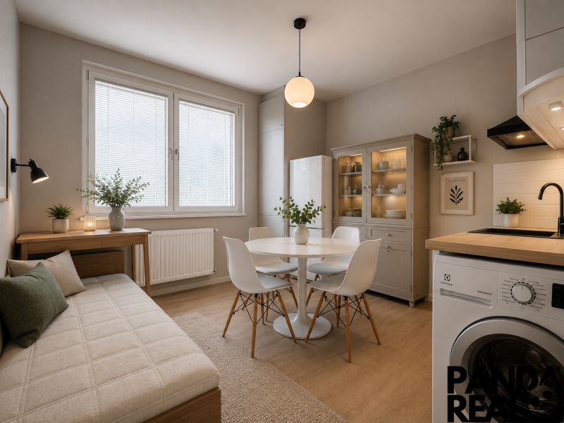 Küche in einer Einzimmerwohnung mit Tisch, Stühlen, Sofa und Boden in Holzoptik.