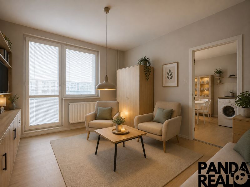 Wohnzimmer mit Holzboden, Möbeln und Pflanzen in einer Einzimmerwohnung.