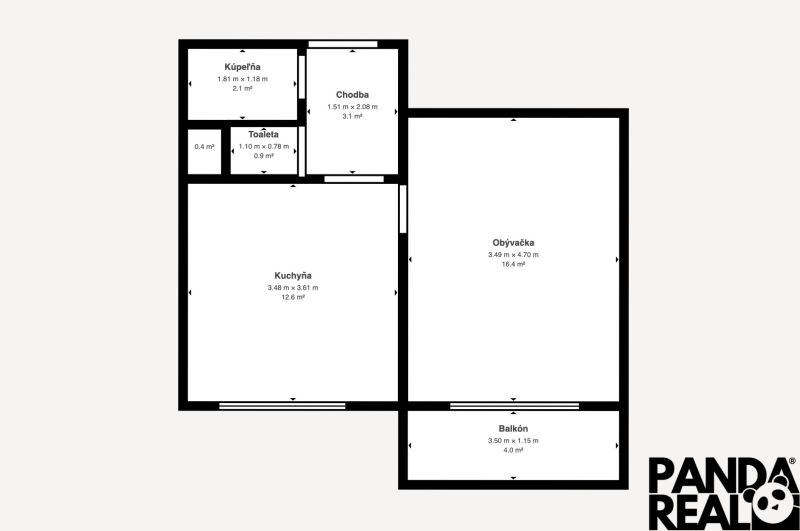 Grundriss einer Einzimmerwohnung mit Wohnzimmer, Küche, Badezimmer, Toilette und Balkon.