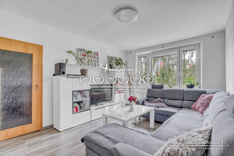 Wohnzimmer in einer 2-Zimmer-Wohnung mit einer Eckcouch und einem Boden in Holzoptik.