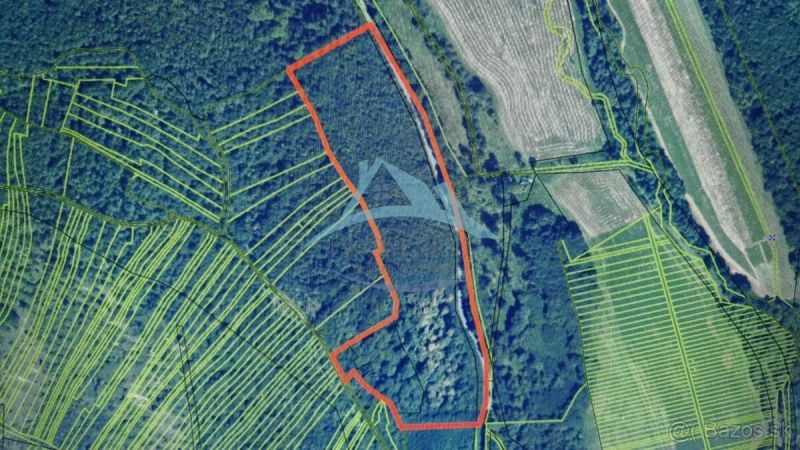 Landwirtschaftliche und forstwirtschaftliche Grundstücke in Dolné Strháre, abgegrenzt durch eine rote Linie auf der Karte.