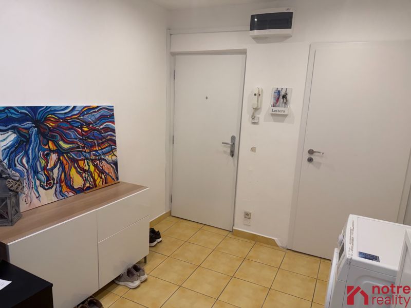 Heller Flur in einer 2-Zimmer-Wohnung mit einem bunten Bild auf der Kommode.