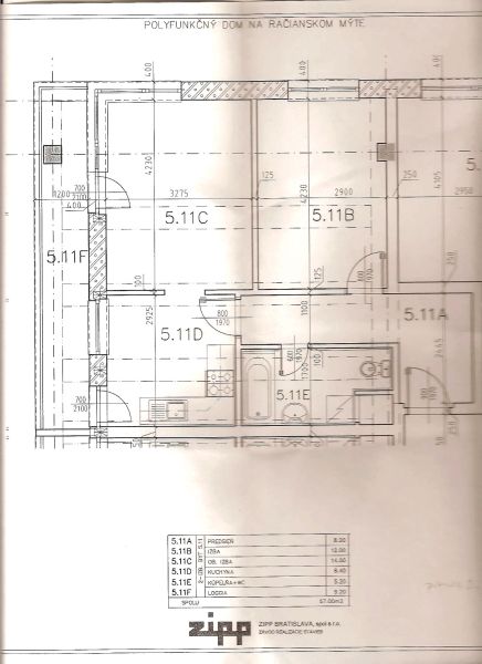 Grundriss einer 2-Zimmer-Wohnung mit Badezimmer und Loggia in Bratislava am Račianske mýto.