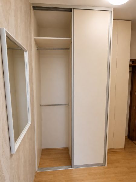 Einbauschrank mit Schiebetüren und Boden in Holzoptik in einer 2-Zimmer-Wohnung.