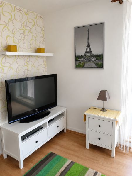 Wohnzimmer in einer Zweizimmerwohnung mit Holzboden, Fernseher und Tisch.