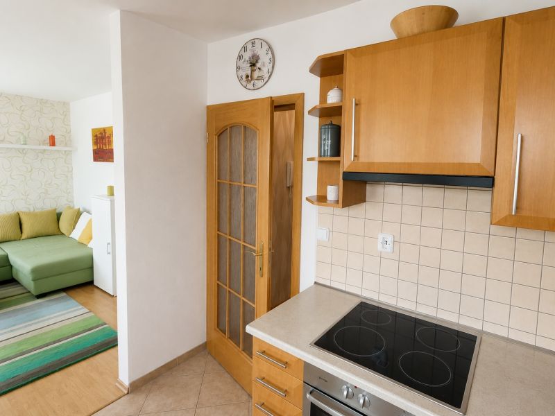 Küche mit Elektrogeräten und Wohnbereich mit farbigem Teppich in einer 2-Zimmer-Wohnung.