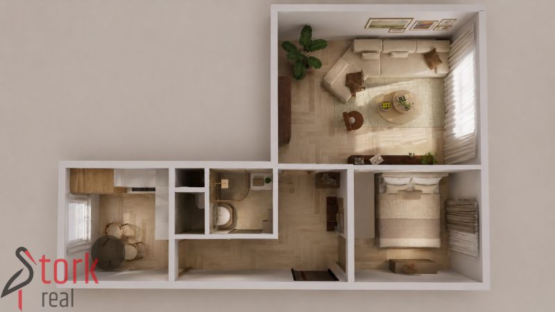 Grundriss einer 2-Zimmer-Wohnung mit Holzboden, Küche und Wohnzimmer.