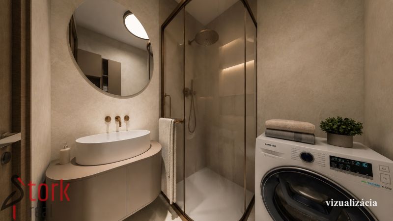 Badezimmer in einer 2-Zimmer-Wohnung mit Waschbecken, Waschmaschine und Duschkabine.