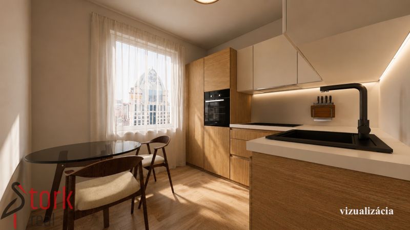 Küche in einer 2-Zimmer-Wohnung mit Holzdekor und einem hellen Vorhang.
