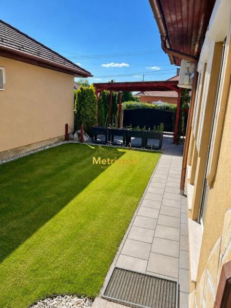 Der Garten des Einfamilienhauses in Darnózseli mit grünem Rasen und einem gepflasterten Weg.