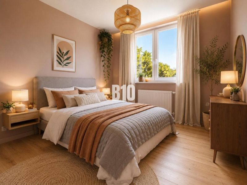 Helles Schlafzimmer im Einfamilienhaus mit Naturdekor und Holzboden.