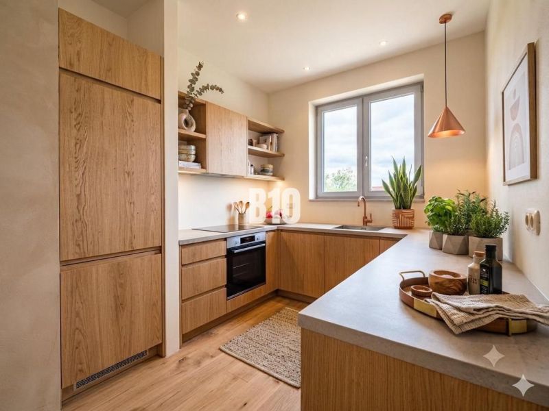 Eine Küche in einem Einfamilienhaus mit Holzdekor, modernen Geräten und viel Grün.