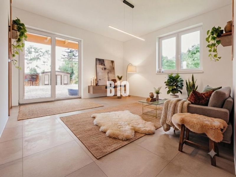 Wohnzimmer in einem Einfamilienhaus mit Pflanzen, großen Fenstern und angenehmer Beleuchtung.