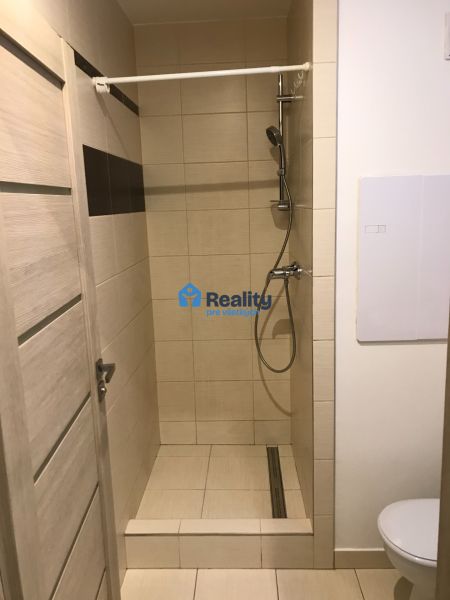 Badezimmer mit Duschkabine in einem Einzimmerapartment, Fliesen mit beigem und dunklem Detail.