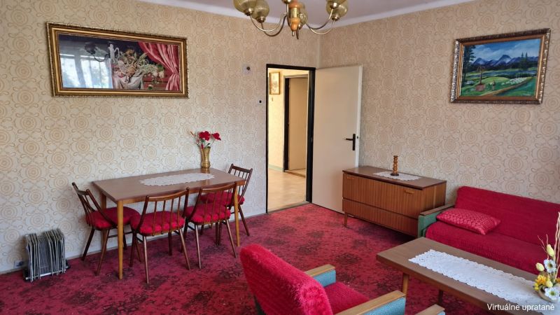 Wohnzimmer mit Blumendekor in einem Einfamilienhaus, rote Sessel, gemusterter Teppich.