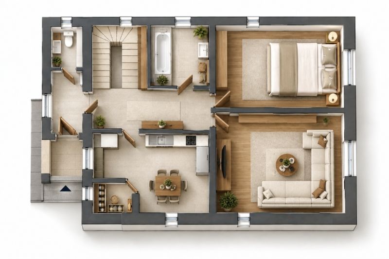 Grundriss des Einfamilienhauses zeigt Wohnzimmer, Schlafzimmer, Küche und Badezimmer.
