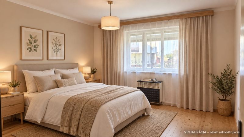 Ein helles Schlafzimmer mit einem bequemen Bett, Pflanzen und Dekorationen in einem Einfamilienhaus.