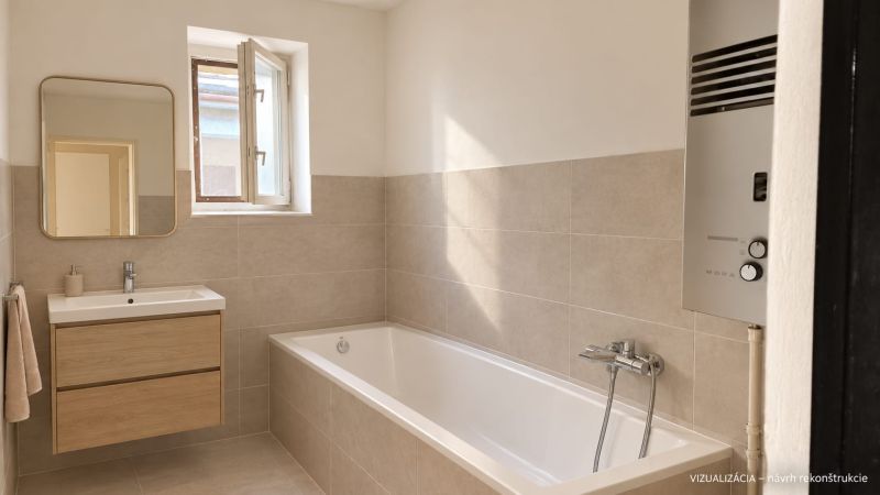 Ein Badezimmer in einem Einfamilienhaus mit einer Badewanne, einem Spiegel und einem Fenster, Boden mit Holzdekor.