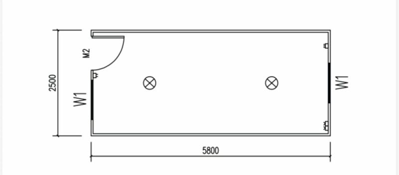 Grundriss der Hütte mit den Maßen 5800x2500 mm, Türen und Fenster gekennzeichnet mit W1, M2.