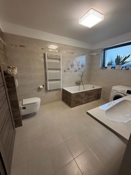 Ein Badezimmer in einem Einfamilienhaus mit einer Badewanne, einem Waschbecken, einer Waschmaschine und dekorativen Pflanzen.
