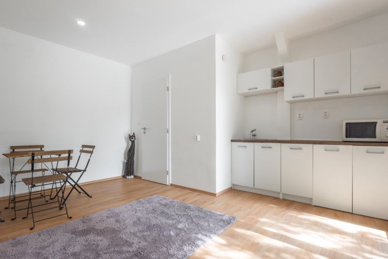 Ein Innenraum mit Küchenzeile, weißen Wänden und einem Boden in Holzoptik auf einem Erholungsgrundstück.