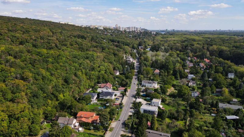 Luftaufnahme von Erholungsgrundstücken in Bratislava - Devín, entlang der Devínska-Straße.