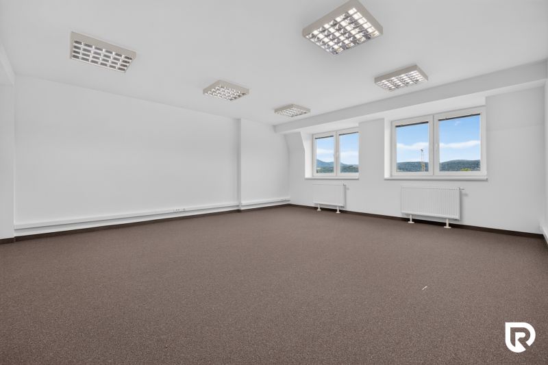 Geräumige Büros mit weißen Wänden, Teppichboden und großen Fenstern mit Aussicht.