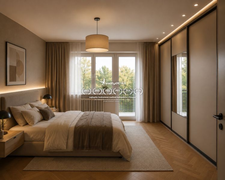 Schlafzimmer in einer 3-Zimmer-Wohnung mit Holzboden und einem bequemen Bett.